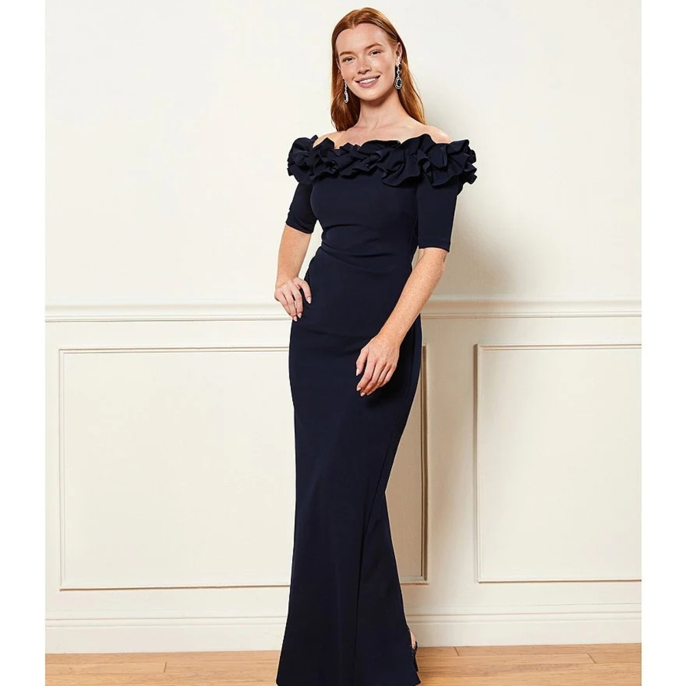 Xscape Navy Blue Ruched Off-Shoulder Gown - Picture 5 of 10